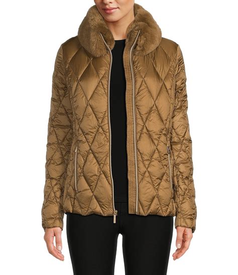 michael michael kors women's faux-fur-collar belted down packable puffer coat|Michael Kors leather jacket.